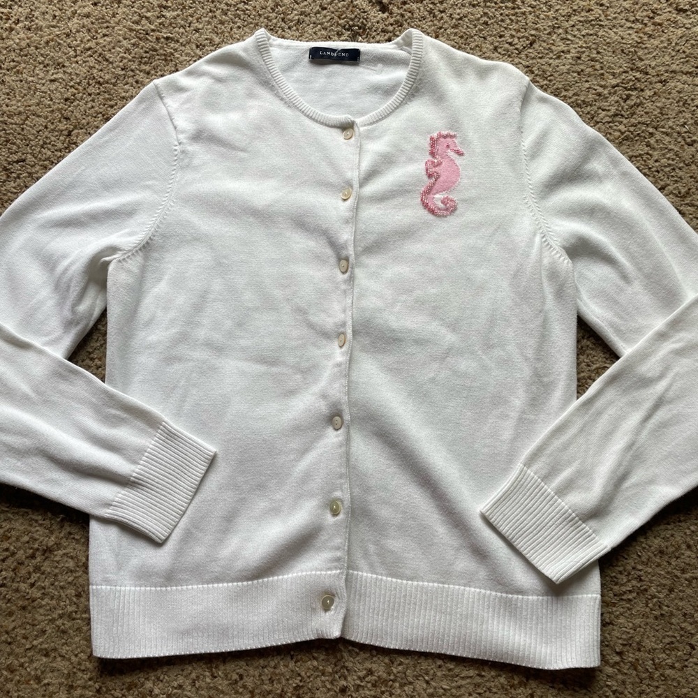 Lands End white cardigan with seahorse size S/M